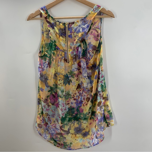 Collective Concepts watercolor floral tank chiffon semi sheer small zip back - Picture 3 of 5